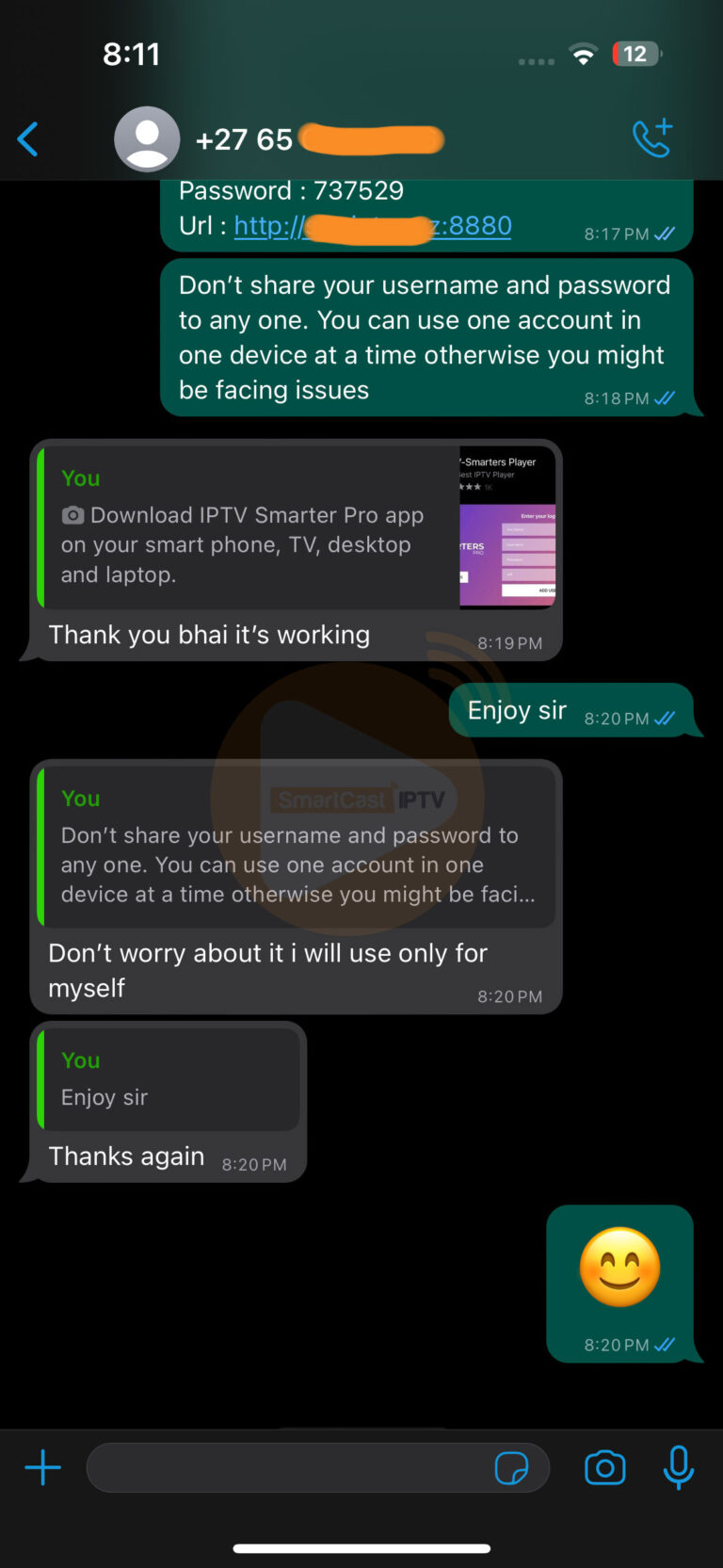 SmartCast IPTV Pakistan customer WhatsApp activation
