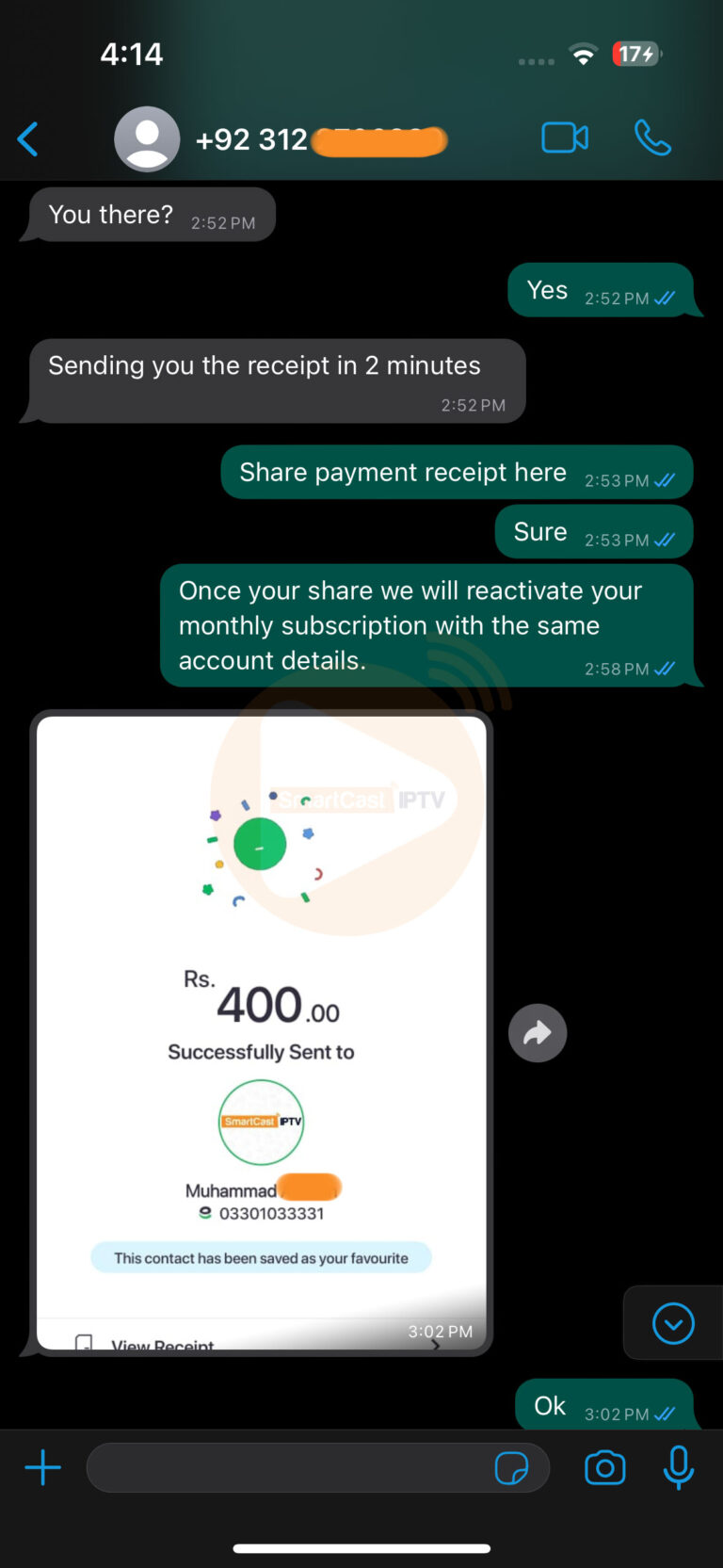 Easypaisa payment receipt SmartCast IPTV Pakistan