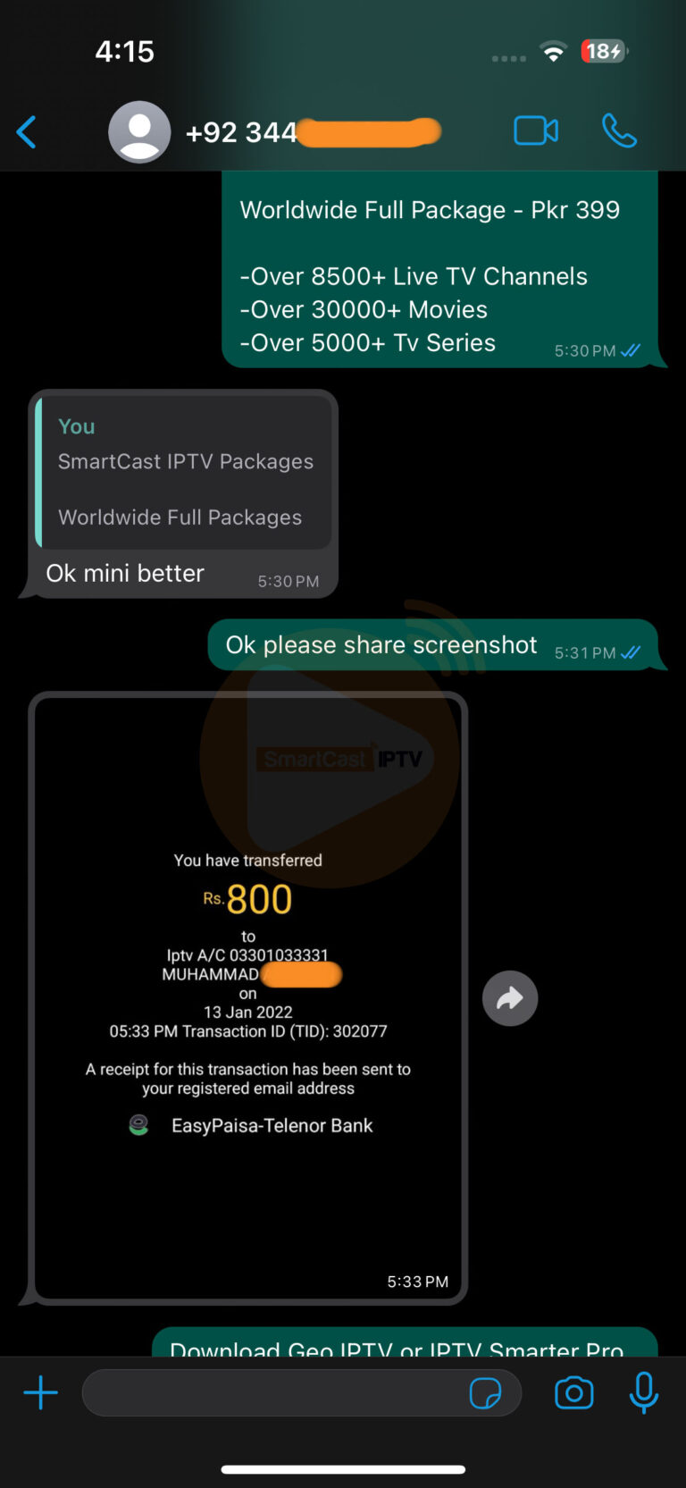 Pakistan IPTV subscriber WhatsApp chat
