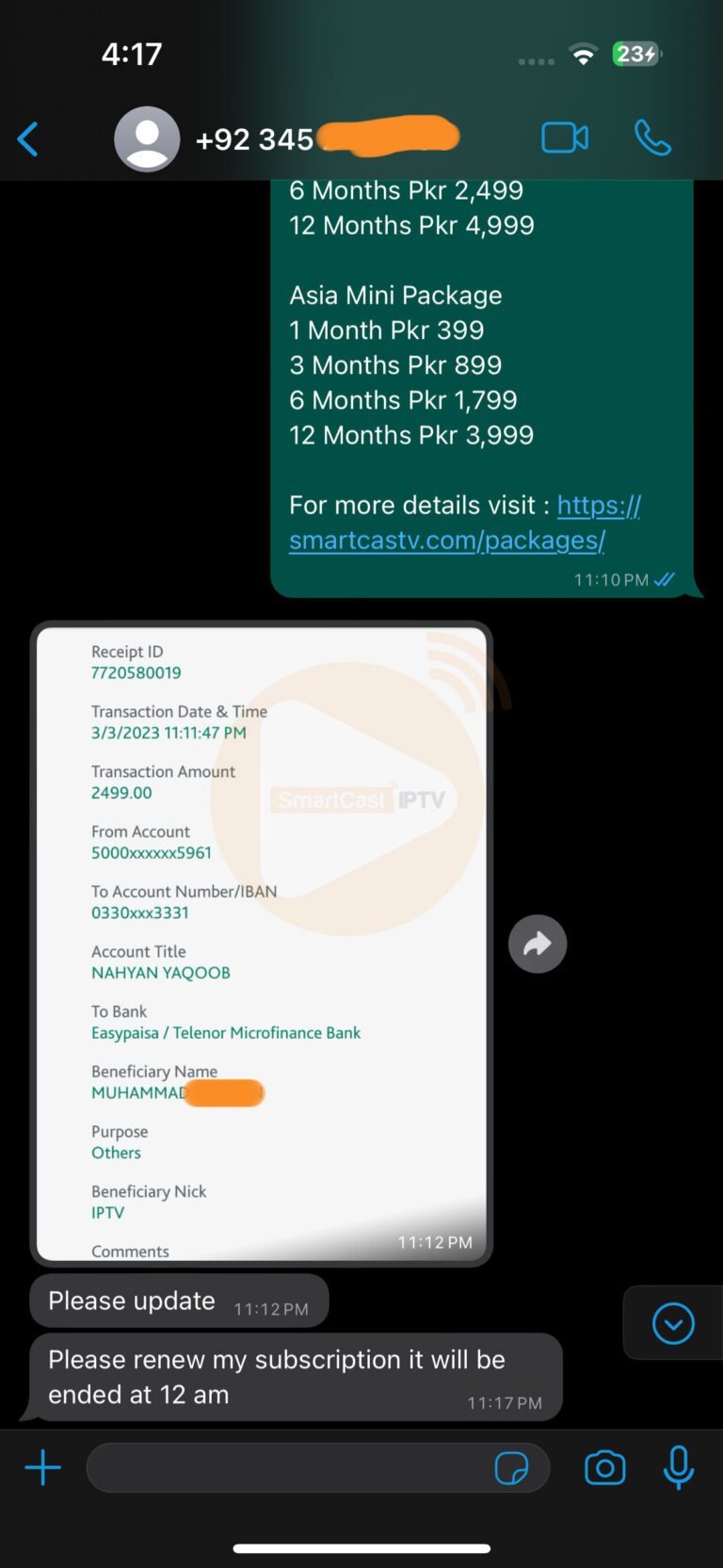 IPTV subscription renewal Pakistan WhatsApp