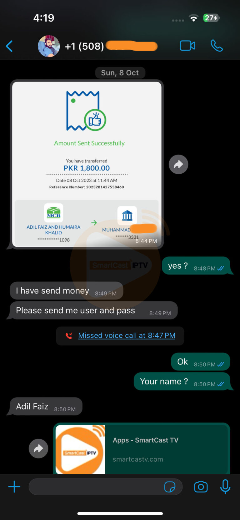 Pakistan IPTV customer payment WhatsApp
